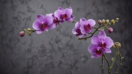 Naklejka premium Dainty, twisted purple orchid stem with tightly coiled buds waiting to unfurl , blossom, growth