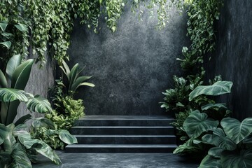 Dark Steps in Lush Tropical Garden Setting. 3D Renderer Digital Backdrop.