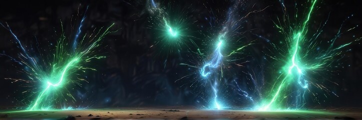Dancing blue and green sparks ignite the night, dancing blue and green fire flames on black background, radiant sparks, electrifying lights