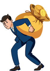 Businessman carrying heavy bag of money on his back