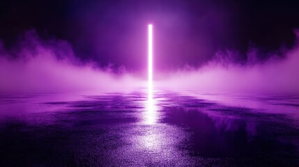 Obraz premium Enthralling Purple Neon Light Beam Through a Mystical Foggy Landscape