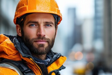 Construction worker in full safety gear, standing