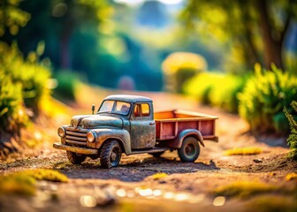 Fototapeta premium Tilt-Shift Miniature Toy Truck, Diecast Model Truck Photography, Close-up Detailed View, Small Scale Vehicle, Playful Truck Image