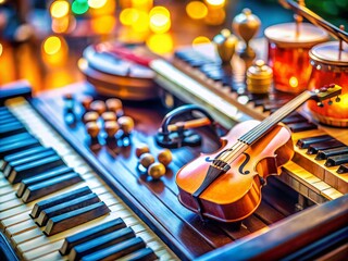 Naklejka premium Tilt-Shift Miniature World: Computer & Musical Instruments - High-Resolution Photo