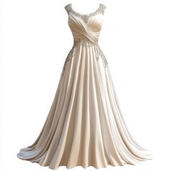 A classic evening gown with a flowing satin fabric and delicate beadwork on a white background 