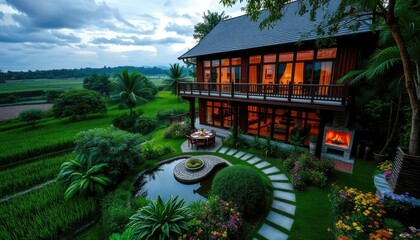 Obraz premium A two-story wooden house with large windows overlooking the rice fields
