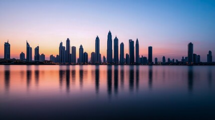 Obraz premium A stunning city skyline is beautifully reflected on calm water during sunset, symbolizing urban life, tranquility, and the beauty of cityscapes in twilight.