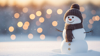 winter and christmas holiday background concept with cute snowman wearing a wool hat and scarf