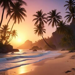 Dawn breaks over the landscape of Botafogo beach, with palm trees swaying gently in the morning breeze, Palm Trees, Dawn, Waves