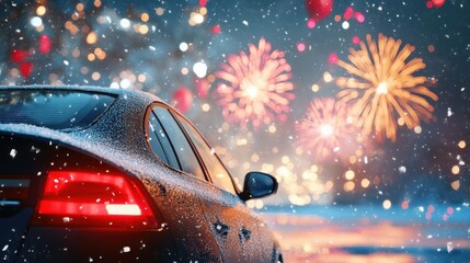 Happy New Year sign on car with snow and. Fireworks in background, celebrating new year. 2025, 2026, 2027.