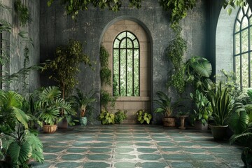 Fototapeta premium Lush Greenery in a Gothic Revival Conservatory. 3D Renderer Digital Backdrop.