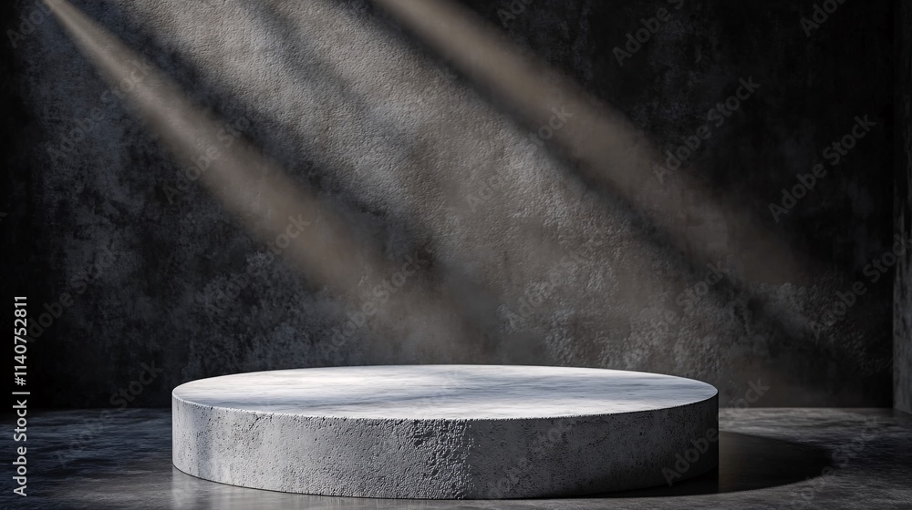Poster a minimalist circular podium in a dimly lit space, accentuated by soft rays of light illuminating it