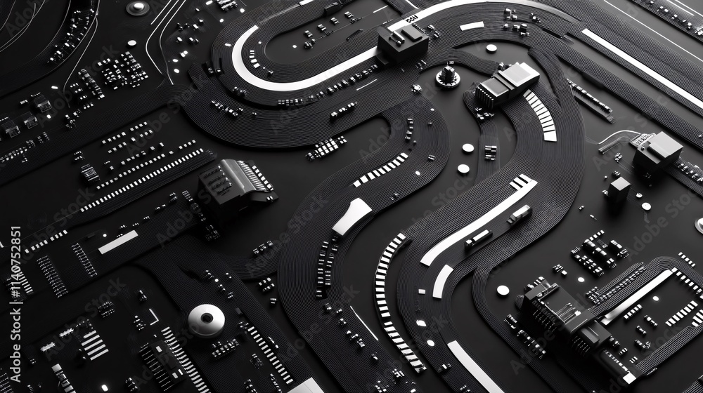 Poster abstract black and white landscape resembling a circuit board with winding pathways and components.