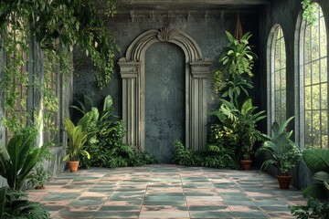 Enchanted Greenhouse: A Serene Overgrown Interior. 3D Renderer Digital Backdrop.