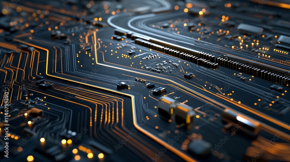 Poster a close-up of a beautifully detailed circuit board with glowing lines and components, creating a fut