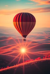 Obraz premium A colorful hot air balloon floats above a vast, rolling landscape at sunrise, with the sun creating a starburst effect