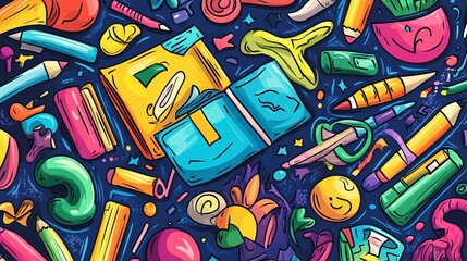 Obraz premium Colorful assortment of art supplies and playful elements creating a vibrant, creative atmosphere.