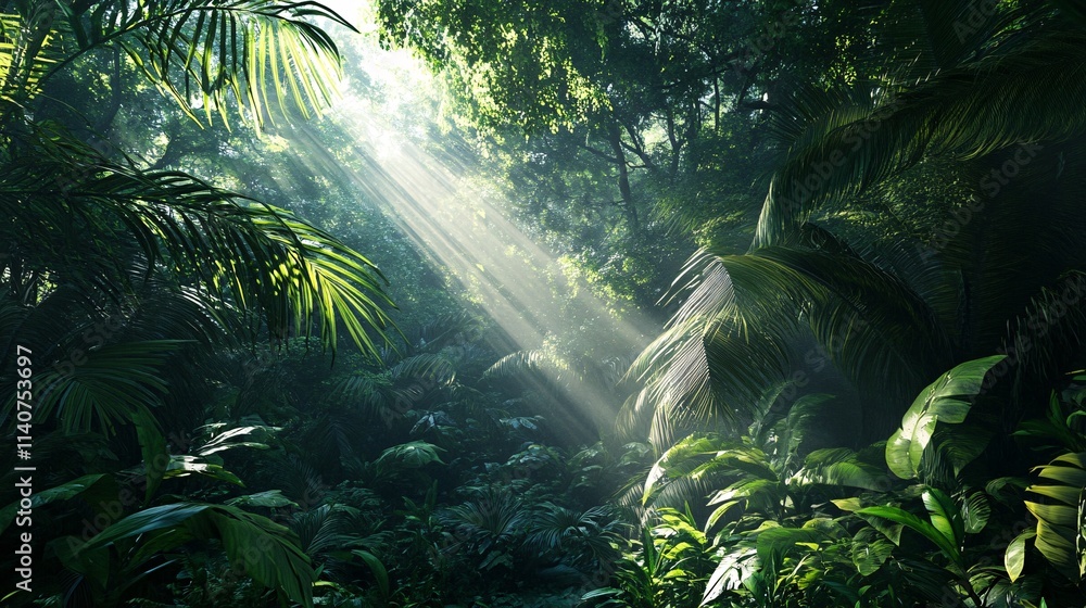 Poster lush green jungle with sun rays filtering through dense foliage, creating a serene and tranquil atmo