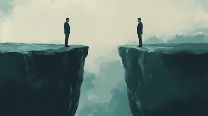 Two businessmen stand facing each other on separate cliff edges with a deep chasm below. Chasm. Illustration