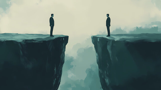 Two businessmen stand facing each other on separate cliff edges with a deep chasm below. Chasm. Illustration