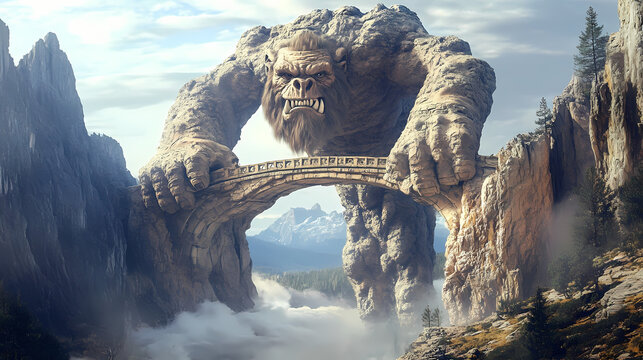 Troll bridge spanning a chasm in the mountains, hyperrealistic photo. troll bridge. illustration. mountain troll. illustration. Chasm. Illustration