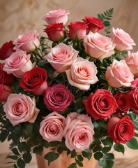 Fototapeta premium Delicate pink and red roses in a lush bouquet arranged on a luxurious rose gold background, flowers, flowers, wedding decor