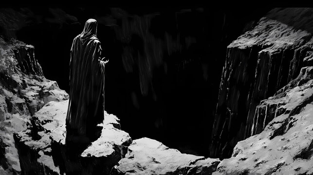 Warlock standing at the edge of a dark chasm. Chasm. Illustration