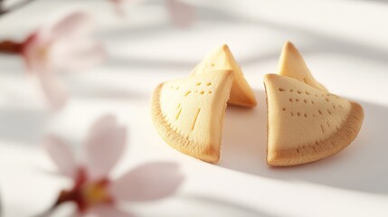 Isolated fortune cookies on a clean white background, with shadows of cherry blossom branches subtly falling across