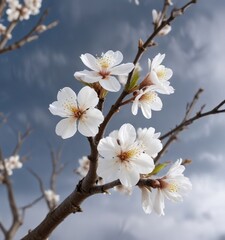 Obraz premium Delicate white blossoms on bare almond tree branches against a cold winter sky, evergreen tree, wintry environment