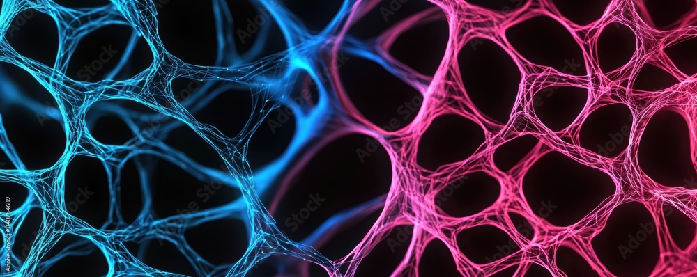 Poster futuristic seamless background of glowing data clusters, robotic arms, and abstract neon grid patter