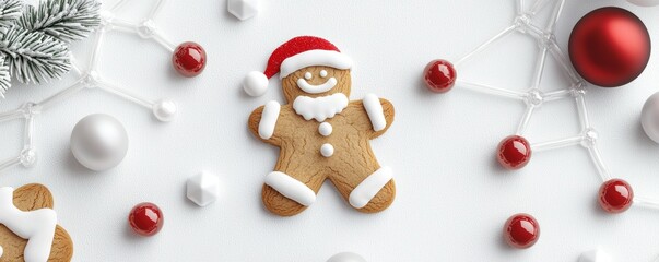 Obraz premium Festive snowy design featuring gingerbread Santa cookies, sweet candy ornaments, and glowing tech-inspired holiday molecule patterns