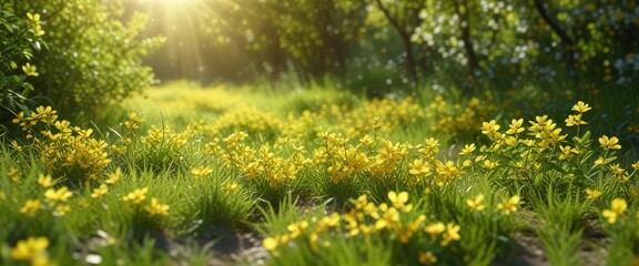 Obraz premium Delicate yellow barberry flowers scattered across the ground amidst lush green grass and sunlight , grass, blossom