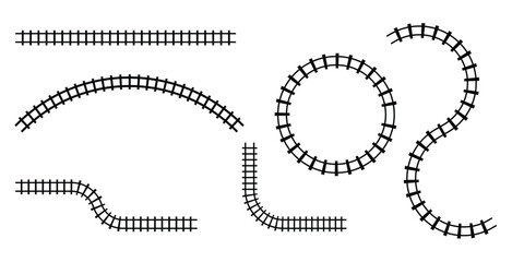 Railway train track vector route. Train track elements. Rail road map. Rail pattern round circular curve railroad path icon.
