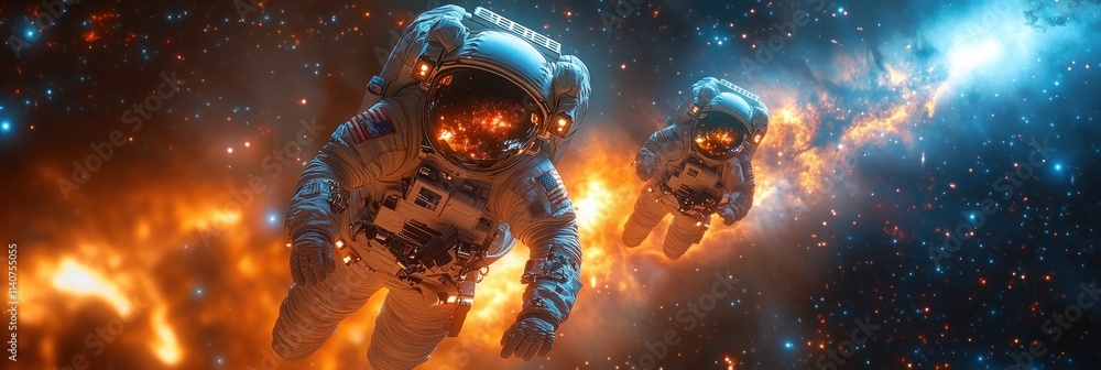 Poster astronauts floating in space with nebulae.
