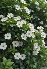 Dense foliage of a small shrub with rounded leaves and white flowers, overgrowth, spring growth, berries