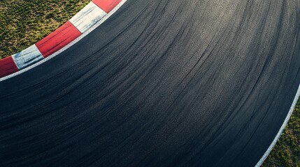 Aerial view of a racing track corner, showcasing smooth asphalt and vibrant red and white curbing.