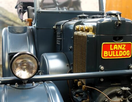 Close-up of a vintage Lanz Bulldog tractor showcasing its iconic design and details