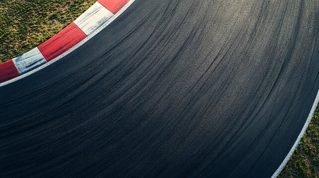 Aerial view of a racing track corner, showcasing smooth asphalt and vibrant red and white curbing.