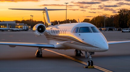 Private jet on tarmac at sunset.