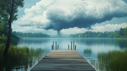 Fototapeta premium A serene dock overlooking a calm lake, with a dramatic storm cloud in the background hinting at an impending storm.