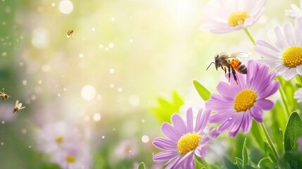 Obraz premium Bee pollinating daisies in sunny meadow.