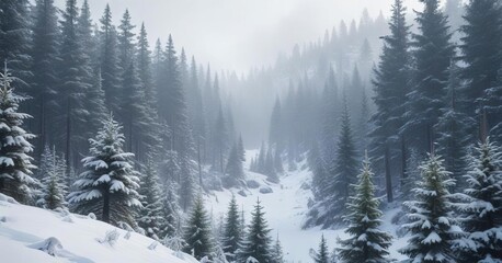 Dense forest of evergreen trees covered in a layer of fresh snow and mist in the background with a subtle blue tint, winter woods, blue fir tree, green foliage