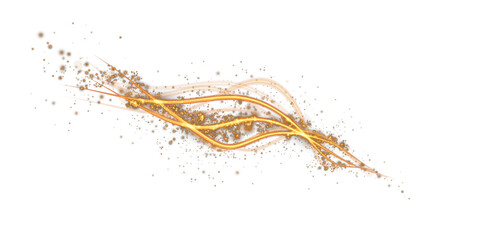 Gold curved light line, rope, spiral, tape. Smooth festive gold line with light effects. Light golden Twirl. Curve light effect of golden line. PNG.
