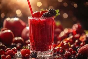 Red smoothie with raspberries, mint, blackberries, strawberries and cranberries for a healthy diet. In a glass glass and with a straw. Against the background of various fruits and berries