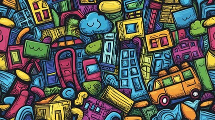 Obraz premium Colorful and whimsical illustration of various houses and vehicles, creating a vibrant cityscape full of charm.