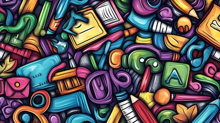 Fototapeta premium A vibrant and colorful collage of various art supplies and creative tools, showcasing a playful design.