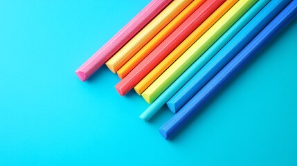 Obraz premium Colorful foam pool noodles in shades of pink, yellow, green, blue, and red against a vibrant turquoise background.