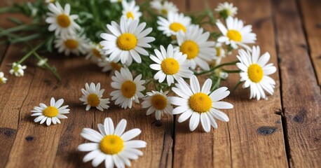 Obraz premium Detailed shot of camomile flowers on a natural wood surface, detail, texture