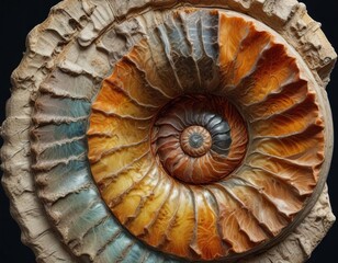 Obraz premium Detailed view of an ammonite fossil with visible outer and inner layers , fossil record, fossilized ammonite, prehistoric sea creature
