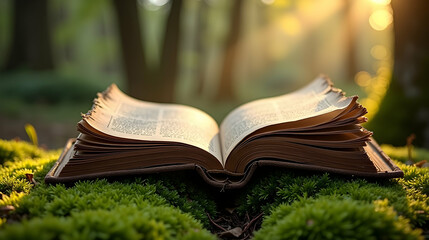 Ancient book rests on mossy ground, bathed in warm sunlight filtering through forest trees. A scene of tranquility and peaceful reading.